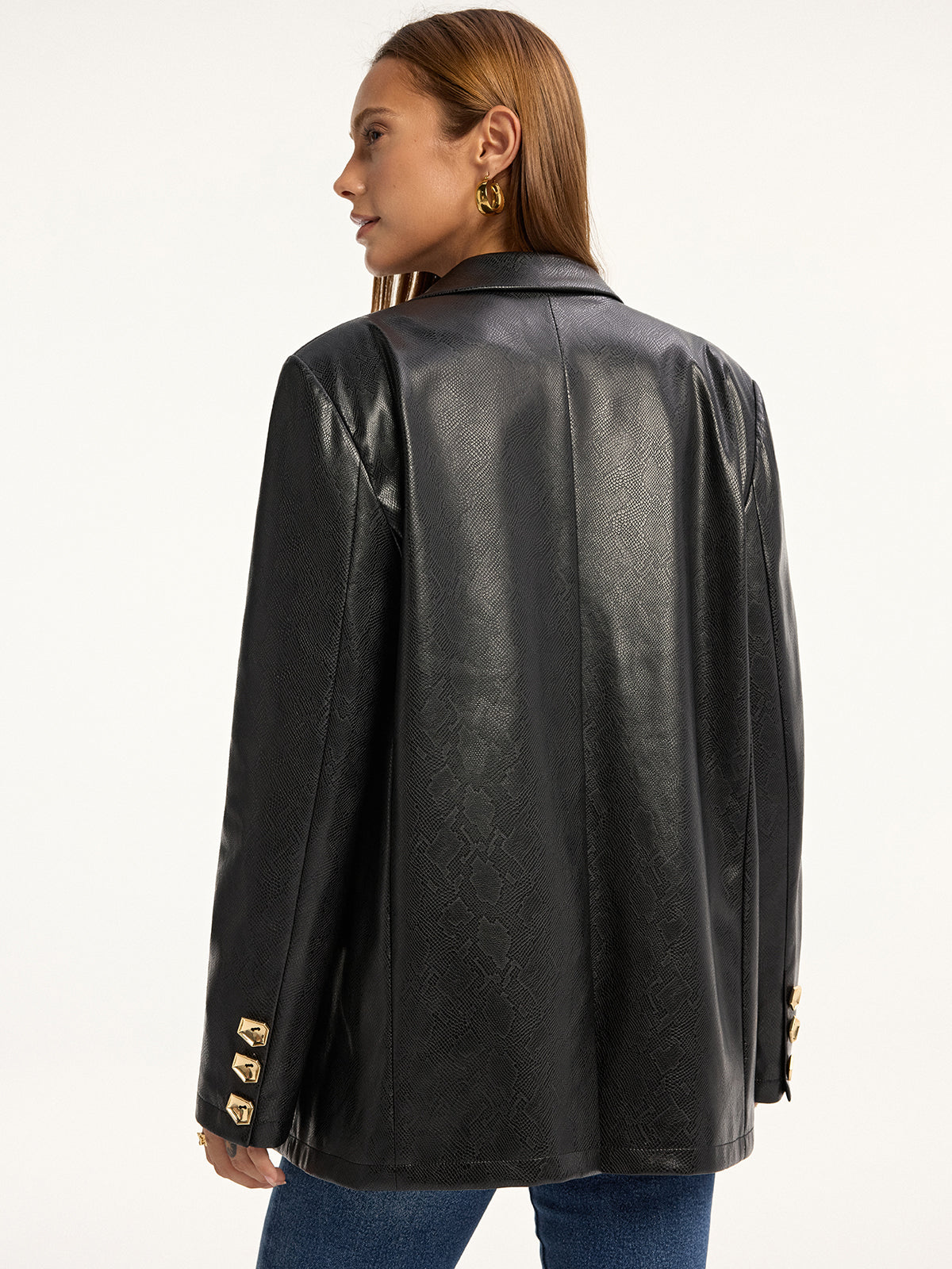 Snake Print Metal Button PU Leather Blazer 3