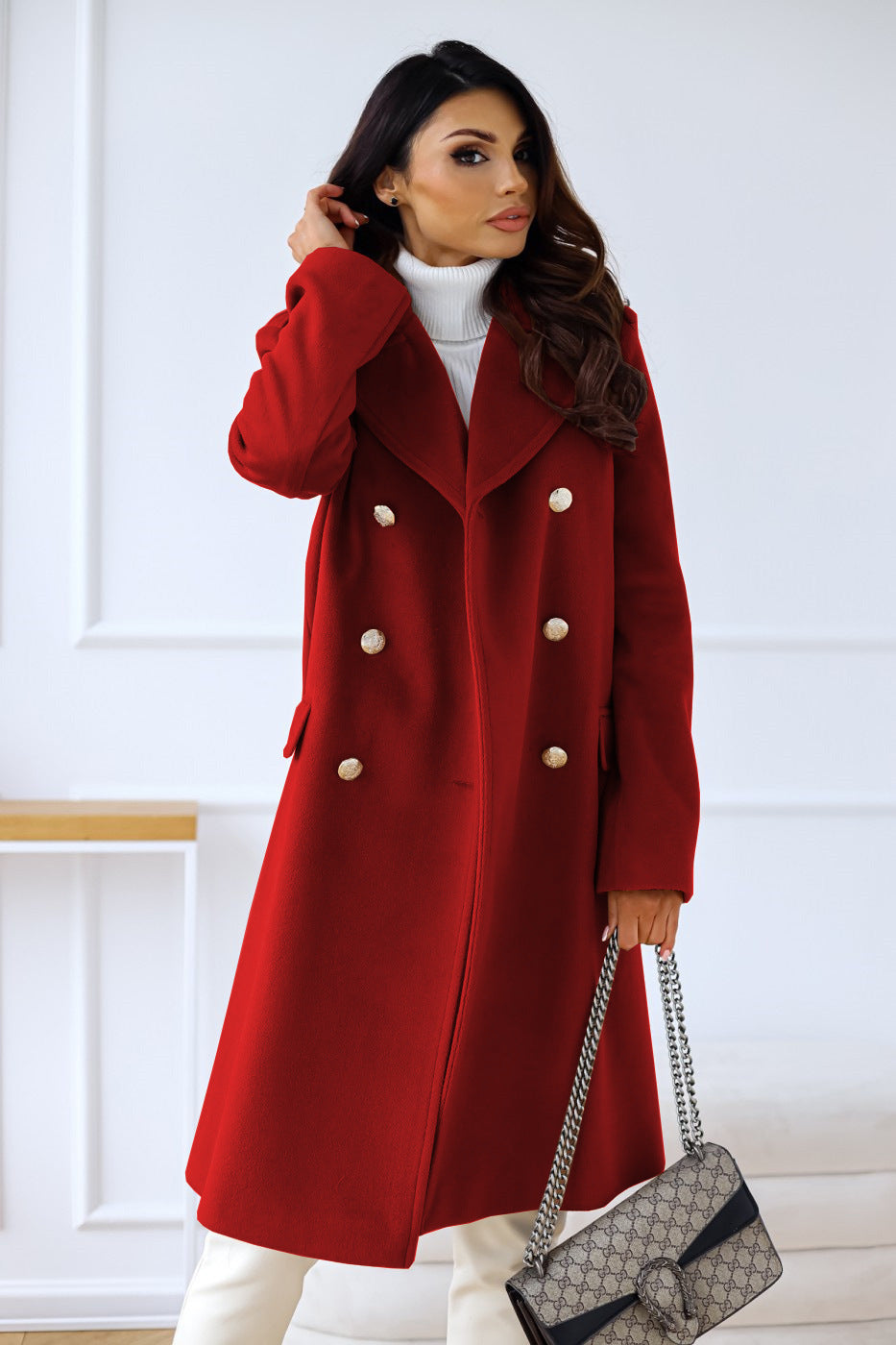 Women's Double-Breasted Wool Coat – Knee Length Tailored Trench Coat with Wide Lapels 4