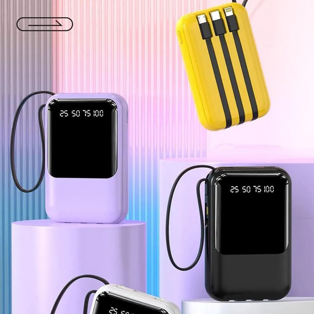 10000mAh Portable Power Bank with Fast Charging and Built-in Cables – Compact Phone Charger with LED Display