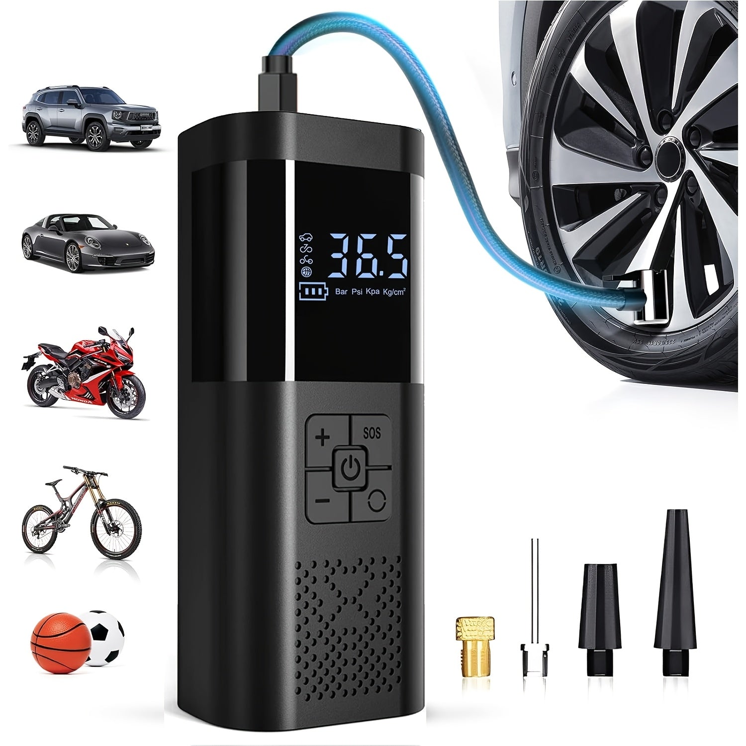 Portable Air Compressor with LCD Screen and LED Light – 150 PSI Inflator for Cars, Bikes, and Sports Equipment-3