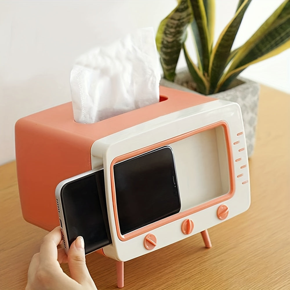 Retro TV Tissue Box Holder with Smartphone Dock – Multifunctional Tissue Cover for Home and Office Decor-1