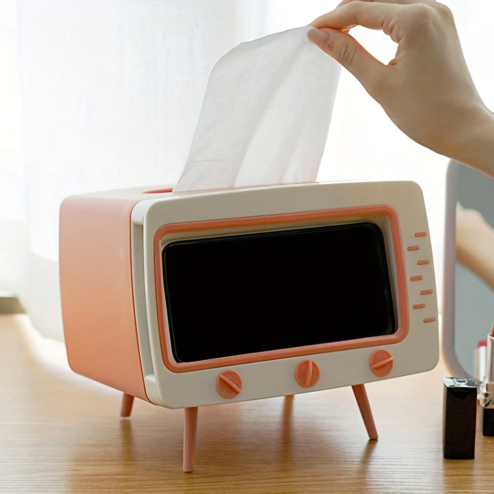 Retro TV Tissue Box Holder with Smartphone Dock – Multifunctional Tissue Cover for Home and Office Decor-5