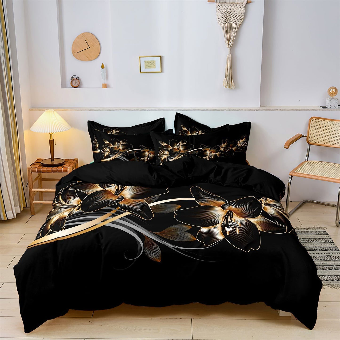 MidnightPetals - Elegant Black and Gold Duvet Set