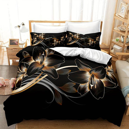 MidnightPetals - Elegant Black and Gold Duvet Set
