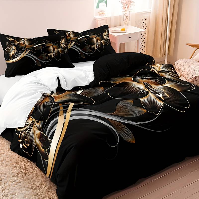 MidnightPetals - Elegant Black and Gold Duvet Set