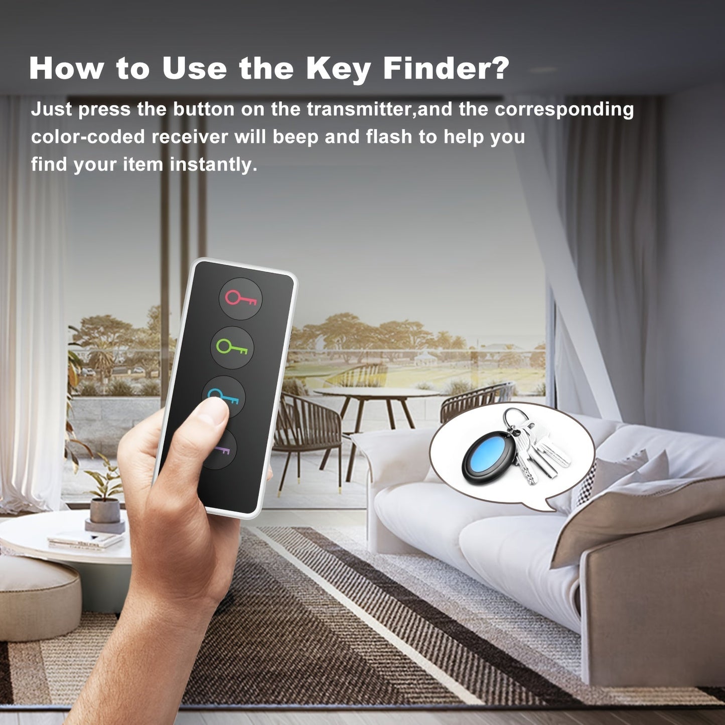 4-in-1 Key Finder with LED Flash and Color-Coded Receivers – Compact Key Locator for Keys, Remotes, and More-4