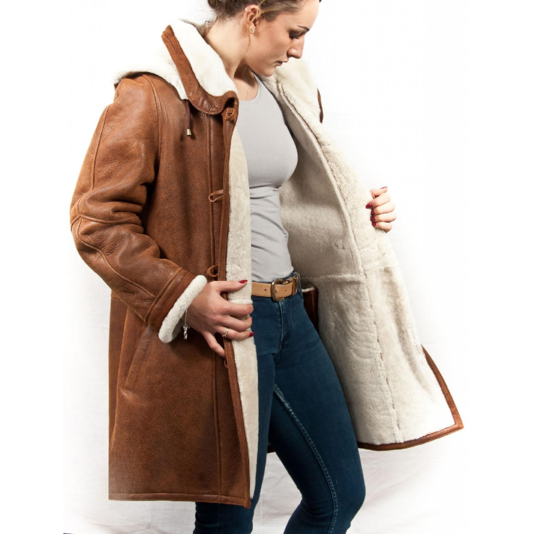 Women's Hooded Long Jacket with Shearling Lining – Relaxed Fit Winter Coat for Casual Wear