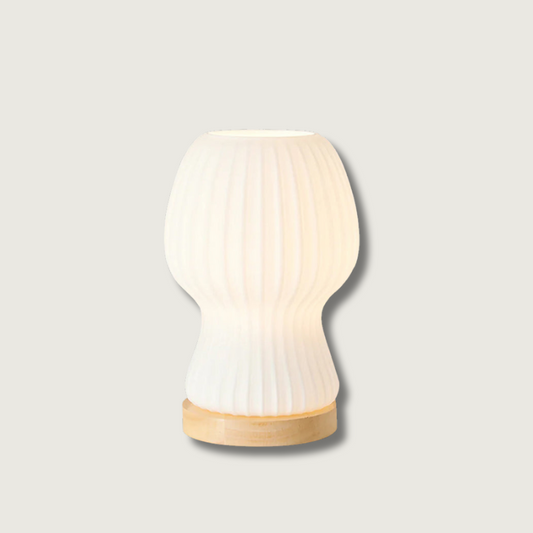 GlowBeam – Folded Glass Table Lamp with Wooden Accent