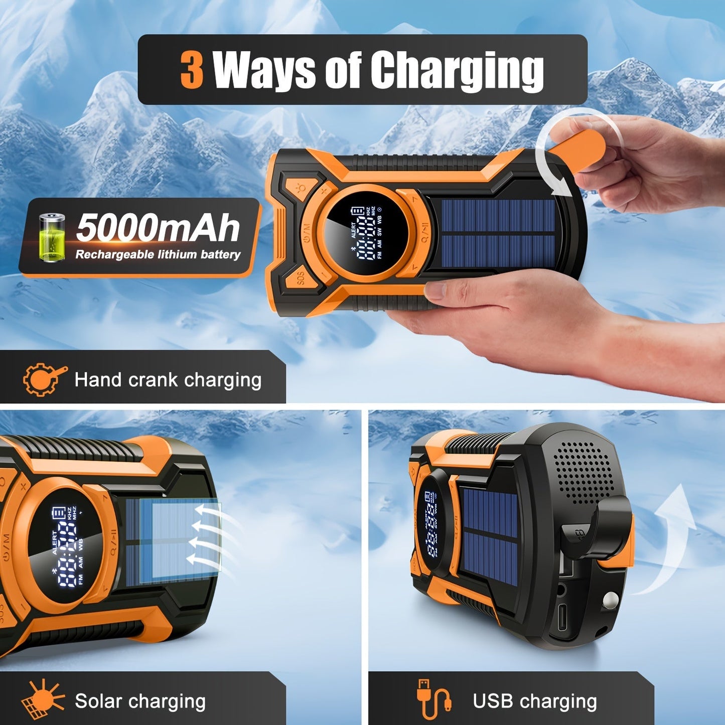 All-in-One Emergency Radio with Hand Crank, Solar Panel, Flashlight & USB Charger – Ideal for Camping and Outdoor Use-5