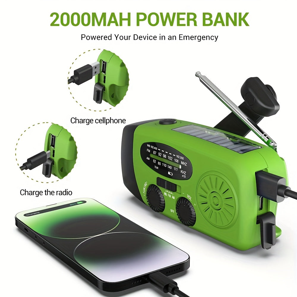 Compact Emergency Radio with 2000mAh Power Bank, Solar, Hand Crank, and Built-in Flashlight for Outdoor Use-2