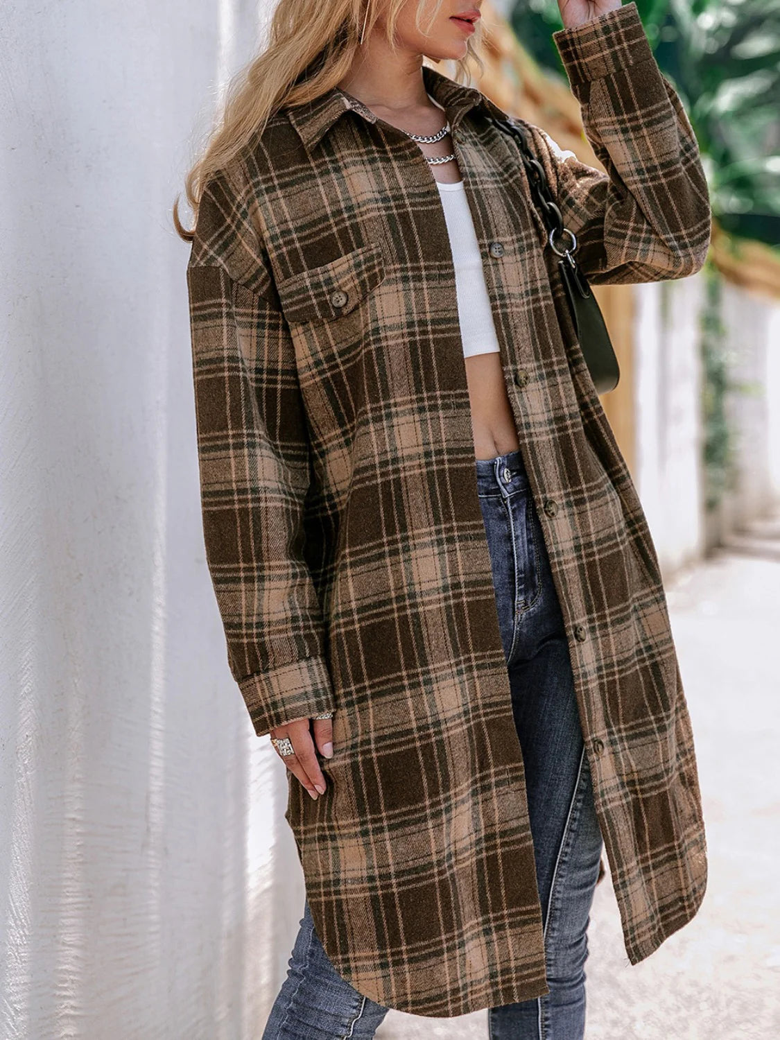 Women's Plaid Wool Blend Long Coat with Lapel Collar - Loose Fit Winter Coat for Casual and Business Wear