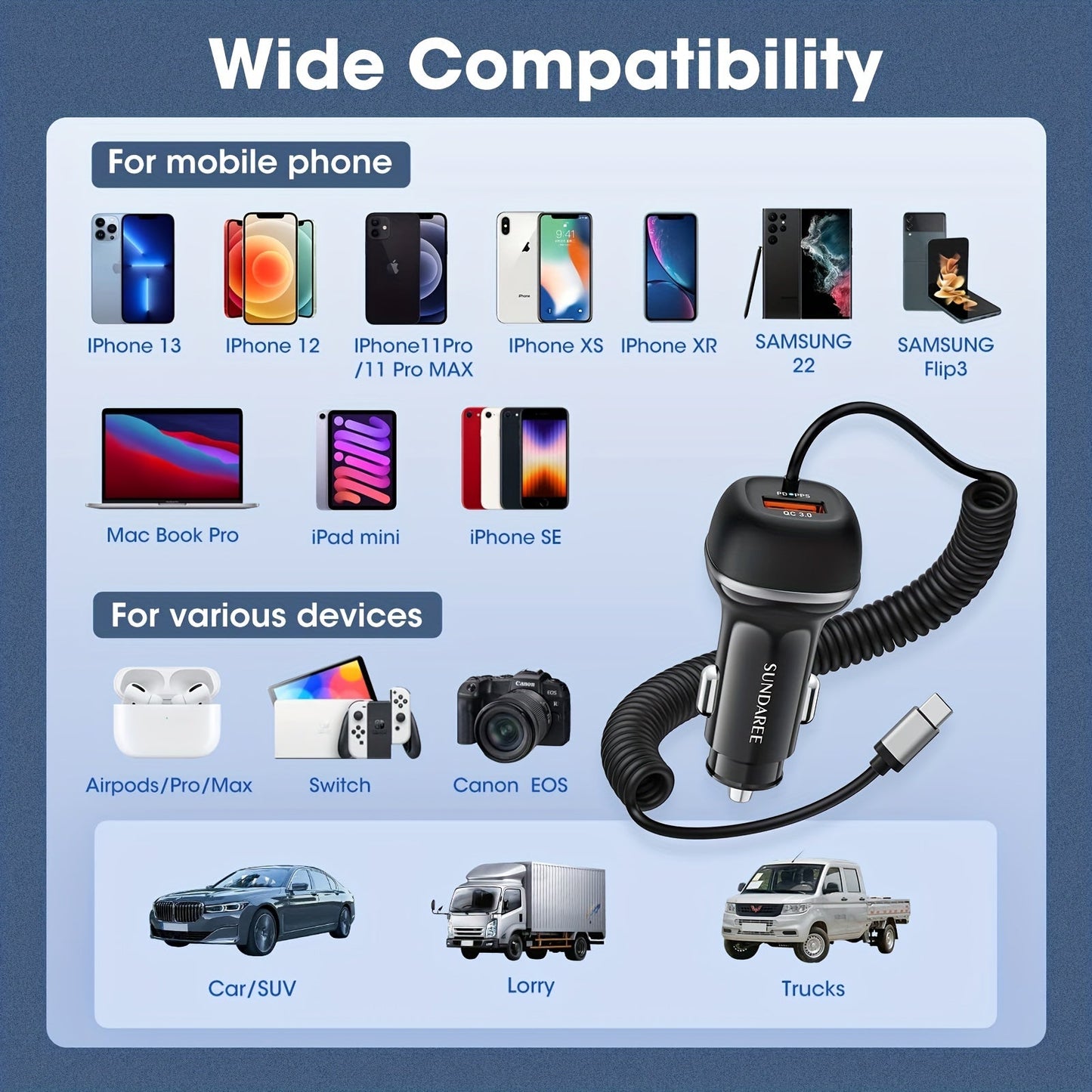 Fast USB-C Car Charger with 51W Power, 3 Ports and QC 3.0 Technology for Multiple Devices Charging-3