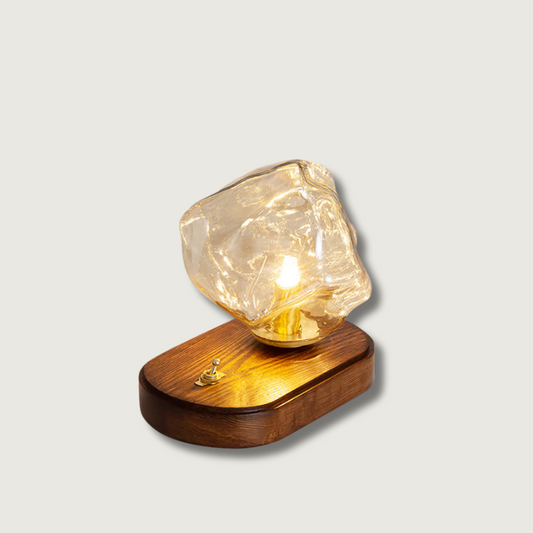 RusticLume – Amber Glass and Wooden Table Lamp