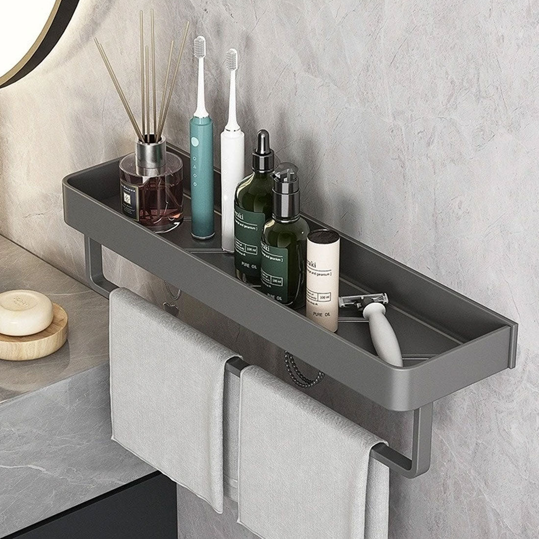 AureaShelf | Stylish Gray Floating Bathroom Storage Shelves with No-Drill Installation 3