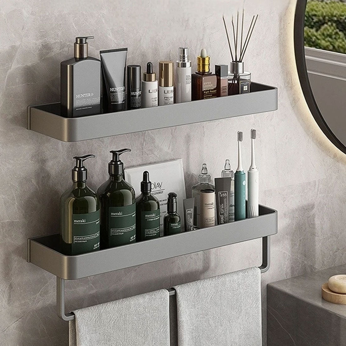 AureaShelf | Stylish Gray Floating Bathroom Storage Shelves with No-Drill Installation 4