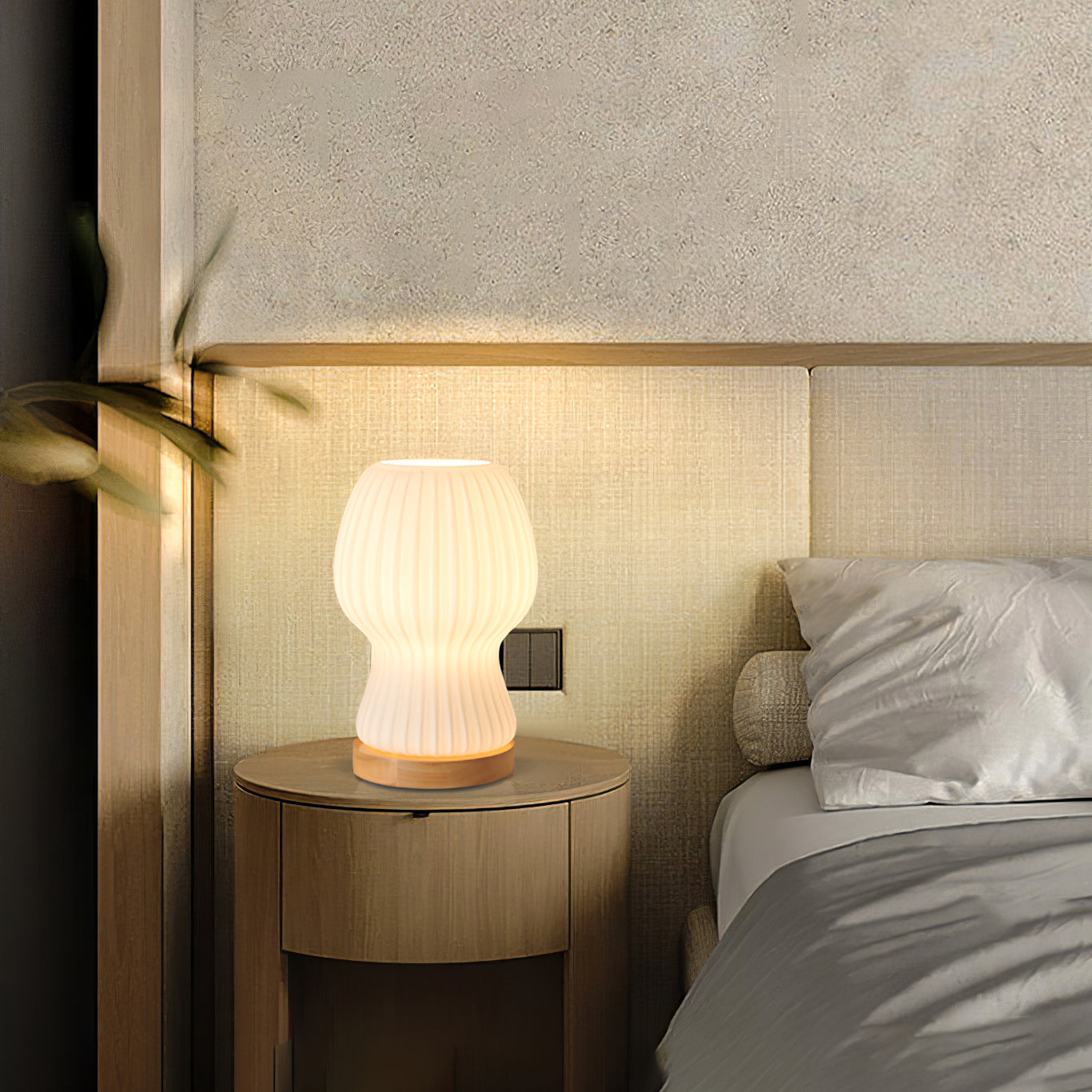 GlowBeam – Folded Glass Table Lamp with Wooden Accent