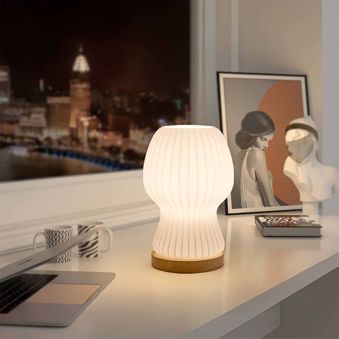 GlowBeam – Folded Glass Table Lamp with Wooden Accent
