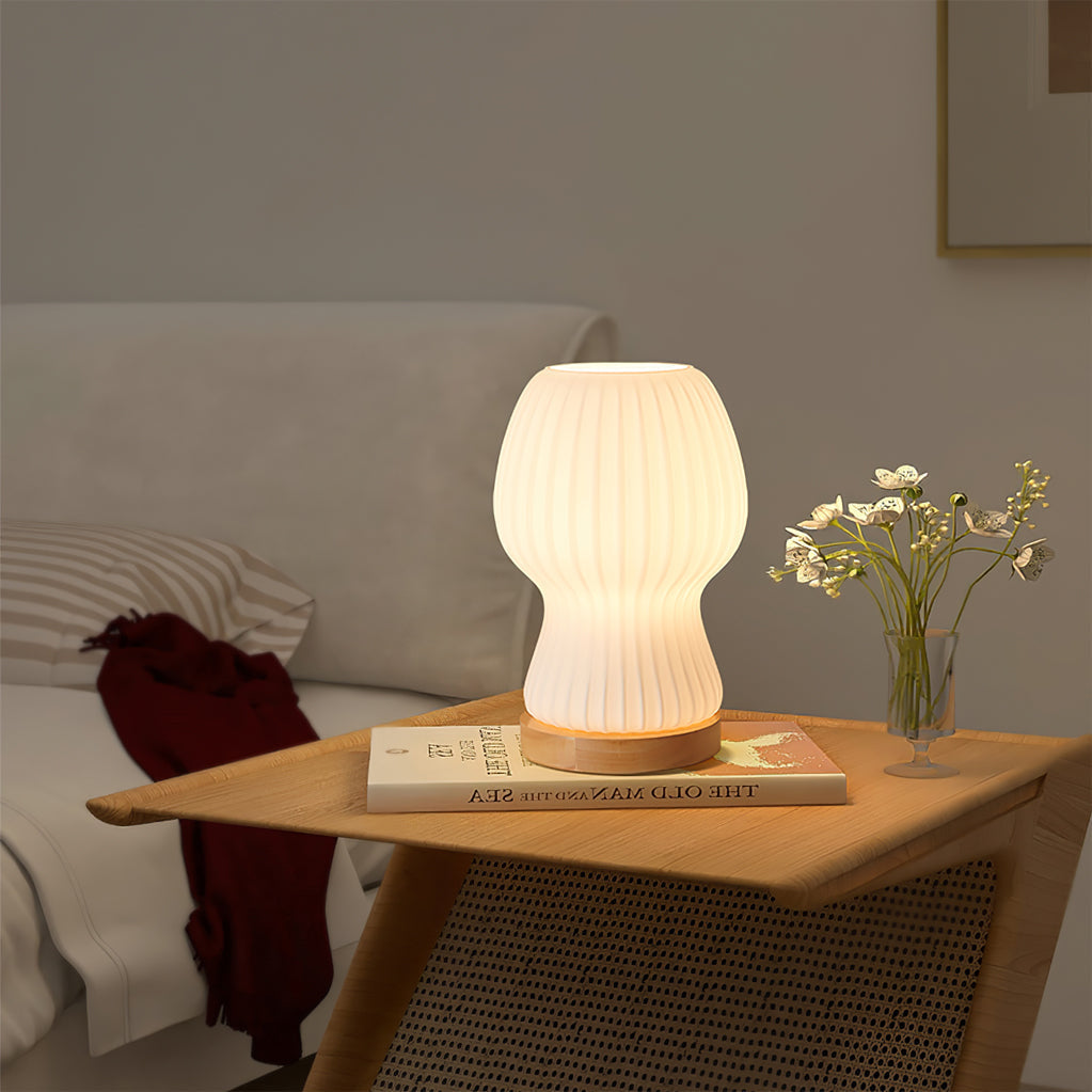 GlowBeam – Folded Glass Table Lamp with Wooden Accent
