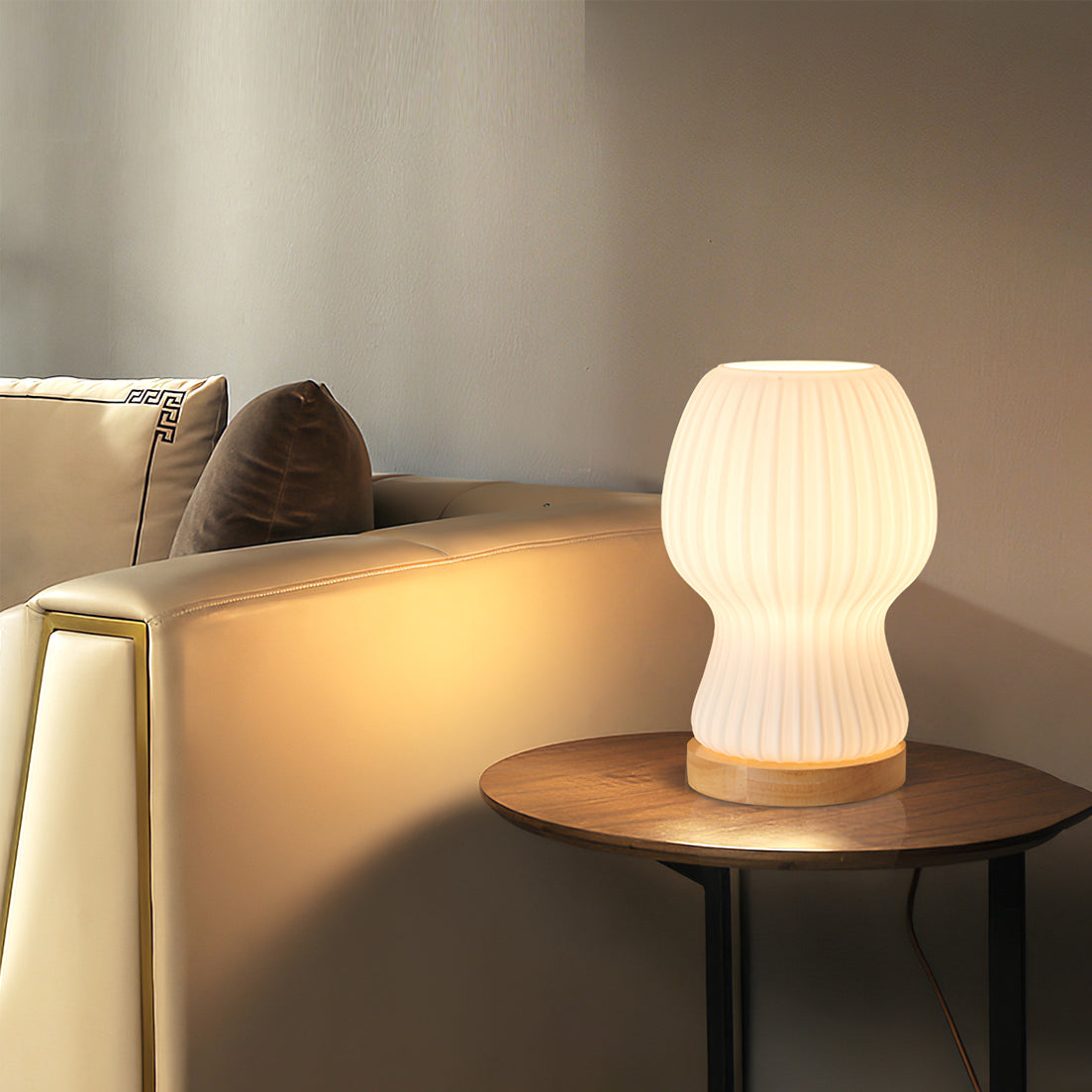 GlowBeam – Folded Glass Table Lamp with Wooden Accent