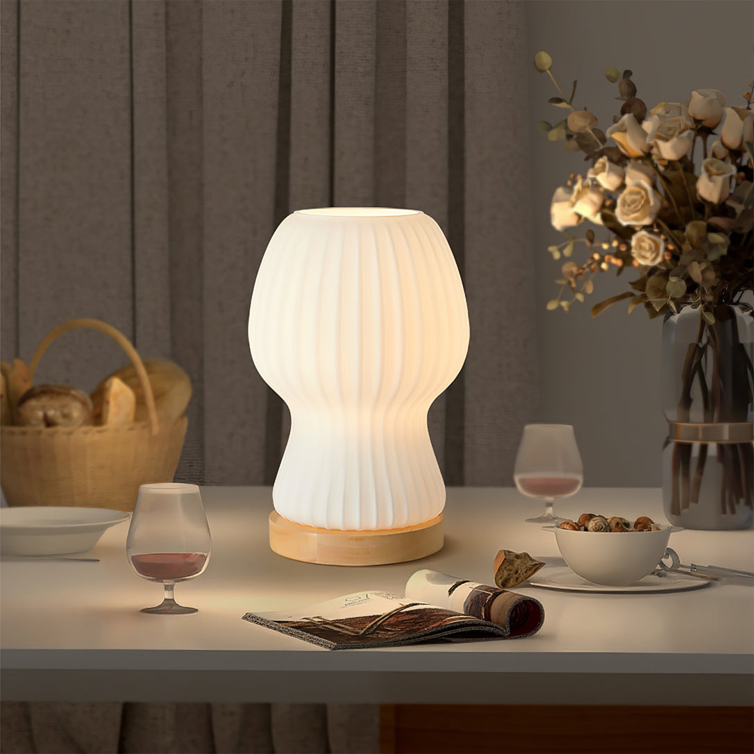 GlowBeam – Folded Glass Table Lamp with Wooden Accent