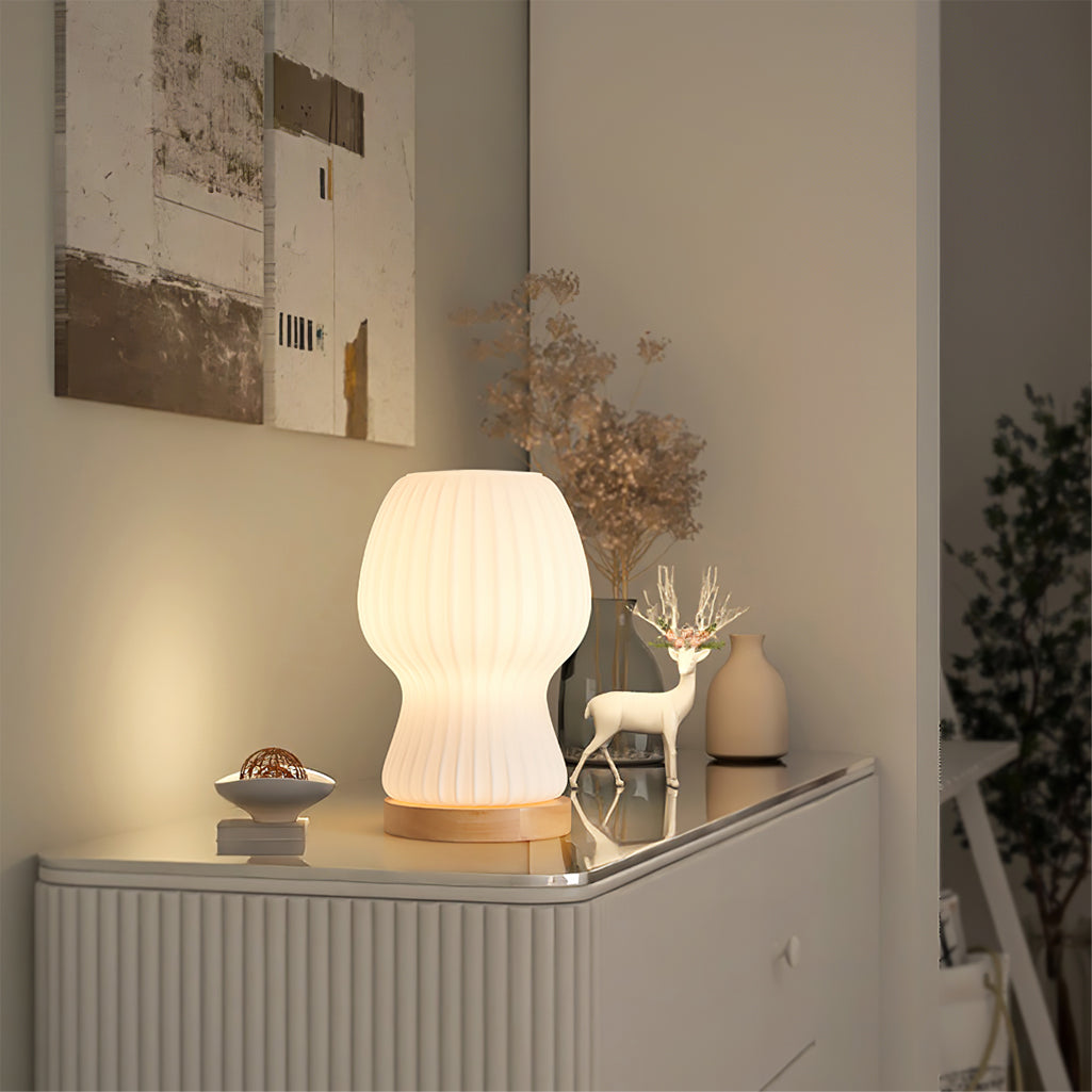 GlowBeam – Folded Glass Table Lamp with Wooden Accent