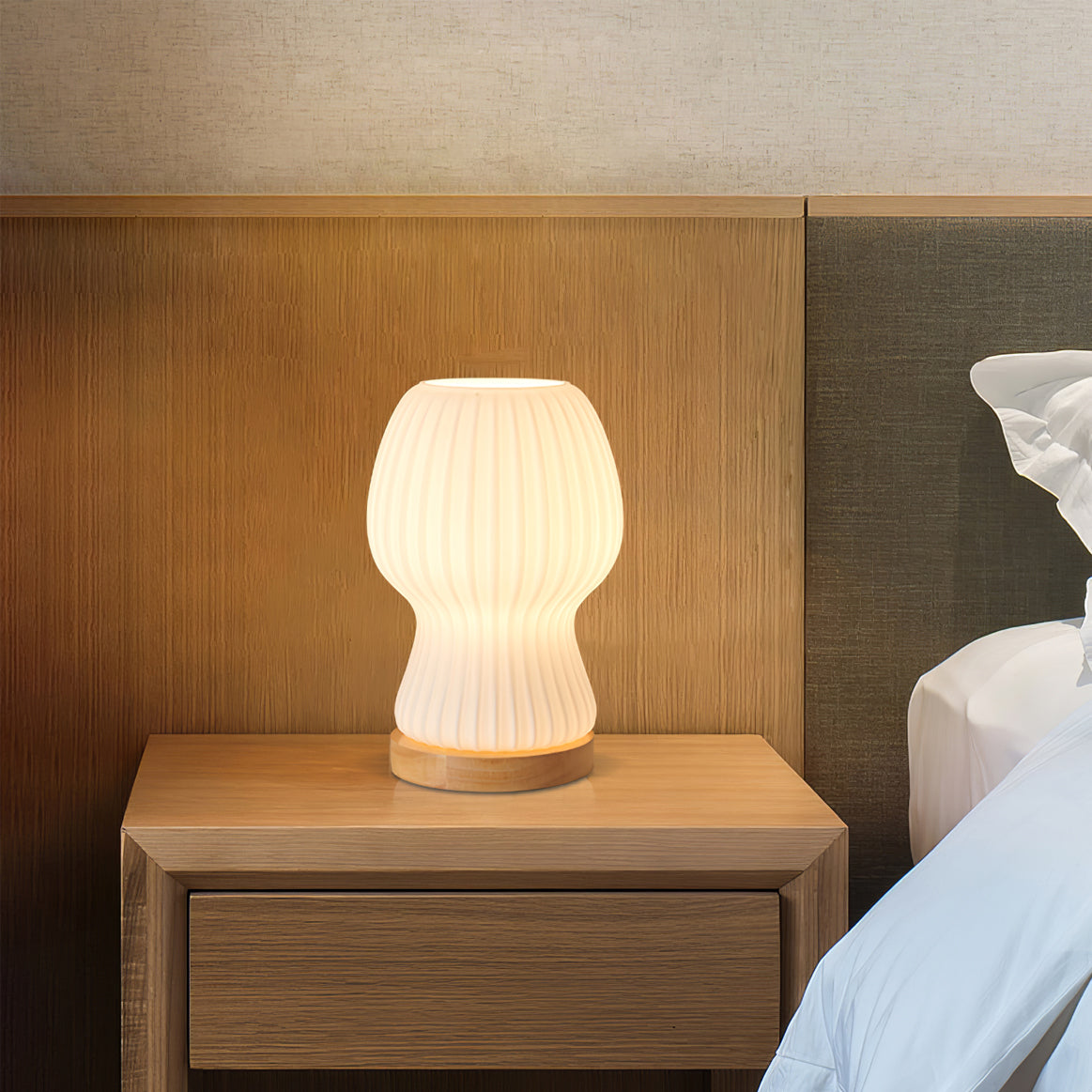 GlowBeam – Folded Glass Table Lamp with Wooden Accent