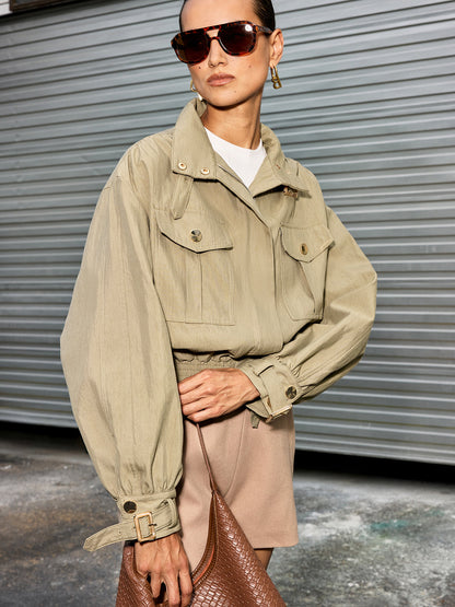 Belted Collar Cotton Blend Cropped Jacket 1