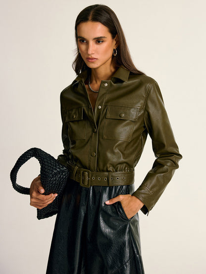 Belted PU Leather Cargo Shirt Jacket 1