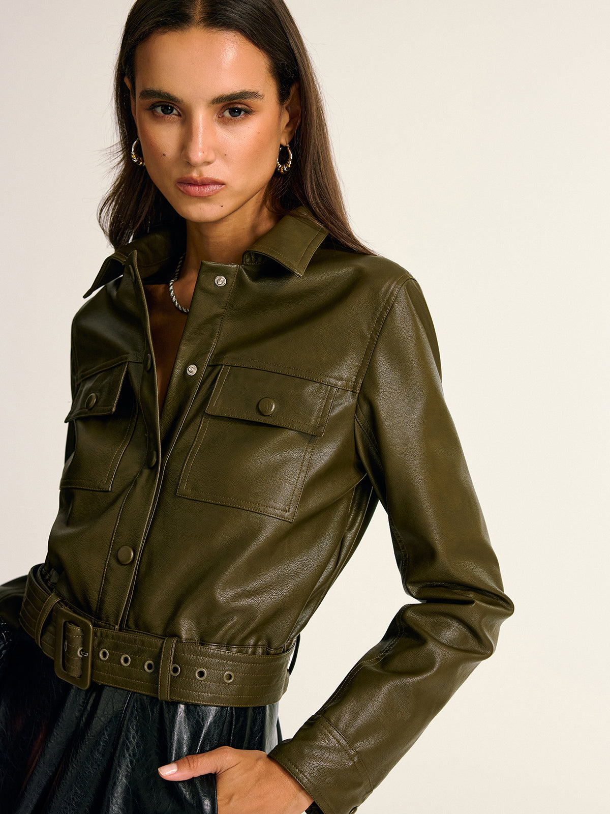 Belted PU Leather Cargo Shirt Jacket 3
