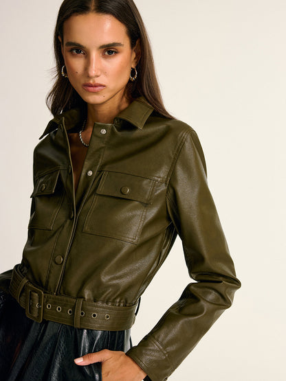 Belted PU Leather Cargo Shirt Jacket 3
