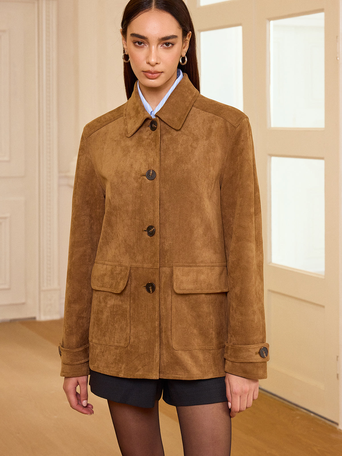 Collared Button-Front Suede Blazer 5