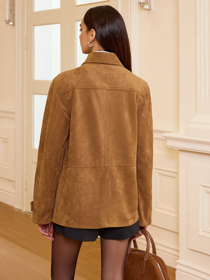Collared Button-Front Suede Blazer 6