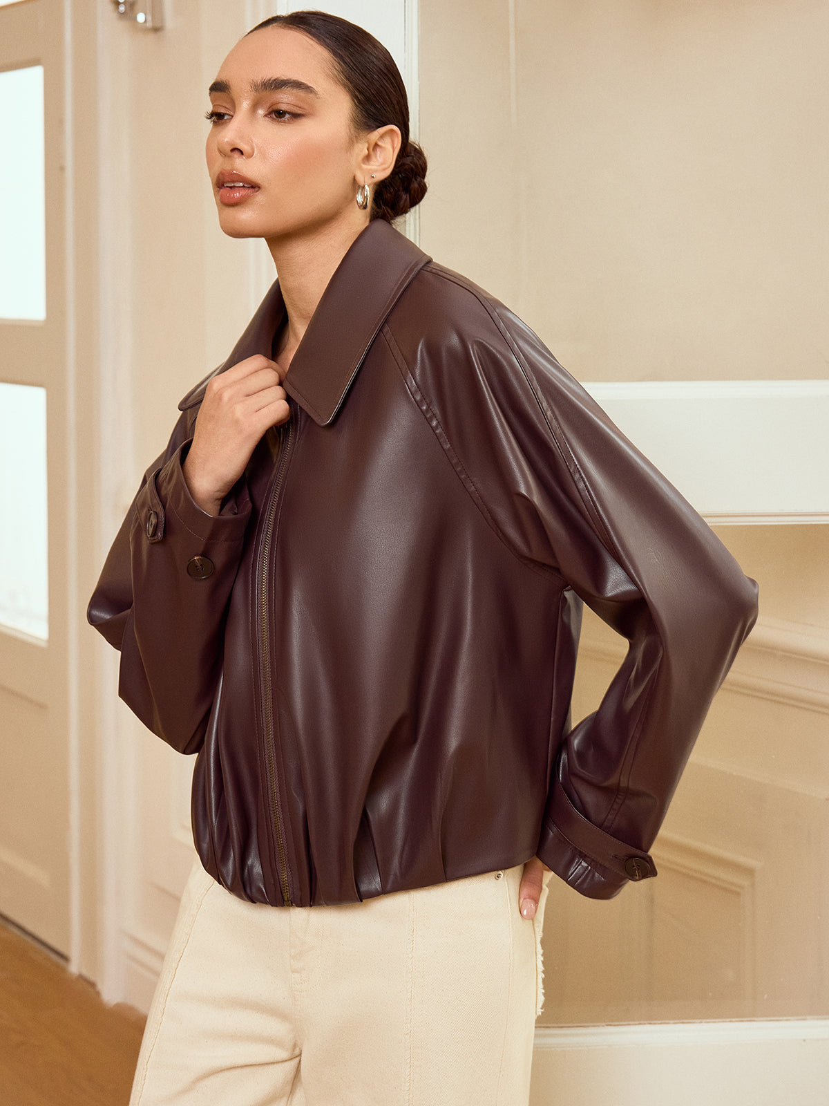 Collared Zip-Up Faux Leather Jacket 4