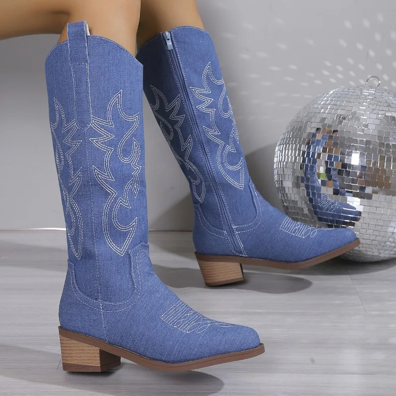 Denim Cowboy Boots for Women with Western Embroidery and Comfortable Block Heel – Blue 2