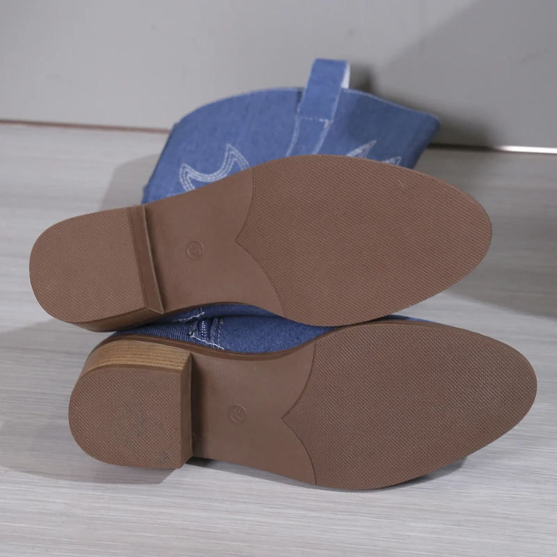 Denim Cowboy Boots for Women with Western Embroidery and Comfortable Block Heel – Blue 4