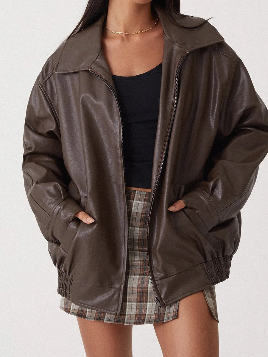 Emily | Stylish Oversized Leather Bomber Jacket Women 6
