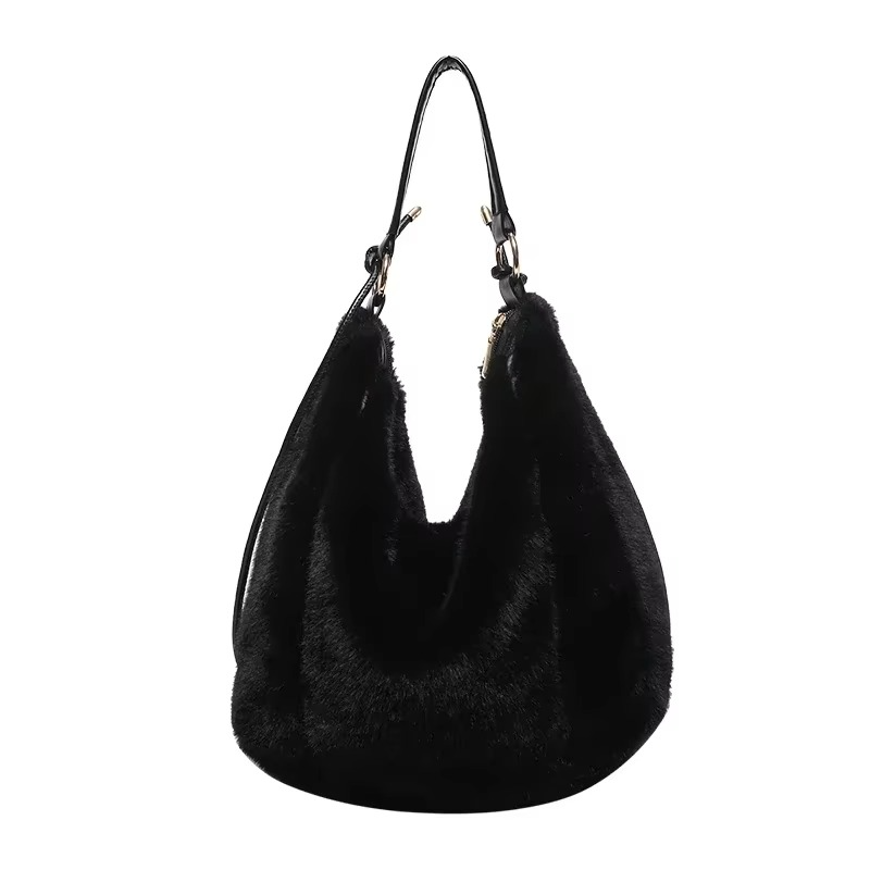 Fluffy Casual Shoulder Bag for Women with Zipper Closure – Cozy Winter Accessory 0