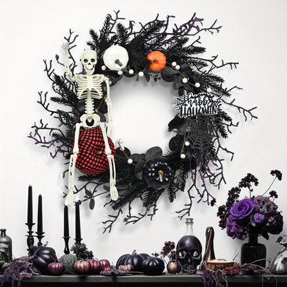 Gothic Skeleton Pumpkin Halloween Wreath for Door – Spooky Decor with Faux Pumpkins and Eerie Accents 0