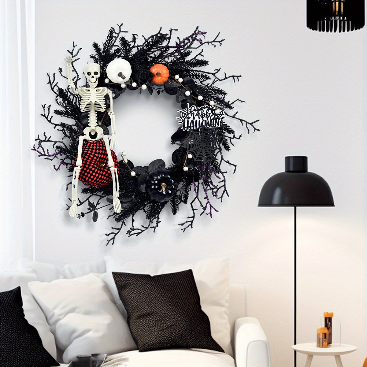 Gothic Skeleton Pumpkin Halloween Wreath for Door – Spooky Decor with Faux Pumpkins and Eerie Accents 1