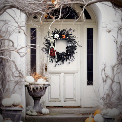 Gothic Skeleton Pumpkin Halloween Wreath for Door – Spooky Decor with Faux Pumpkins and Eerie Accents 2