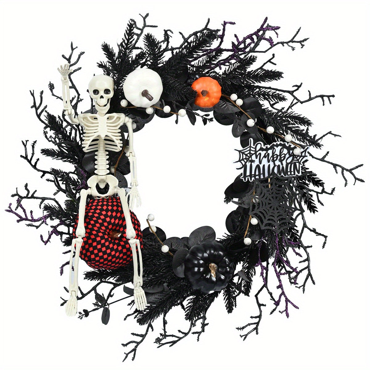Gothic Skeleton Pumpkin Halloween Wreath for Door – Spooky Decor with Faux Pumpkins and Eerie Accents 3