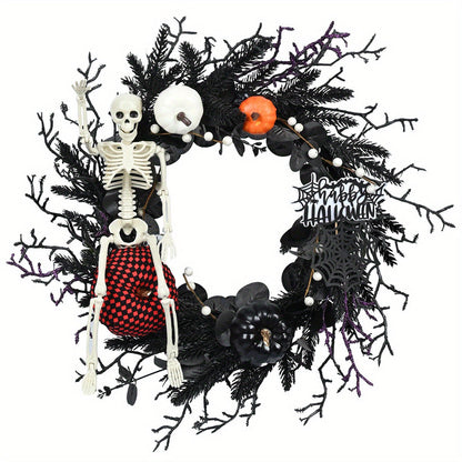 Gothic Skeleton Pumpkin Halloween Wreath for Door – Spooky Decor with Faux Pumpkins and Eerie Accents 3
