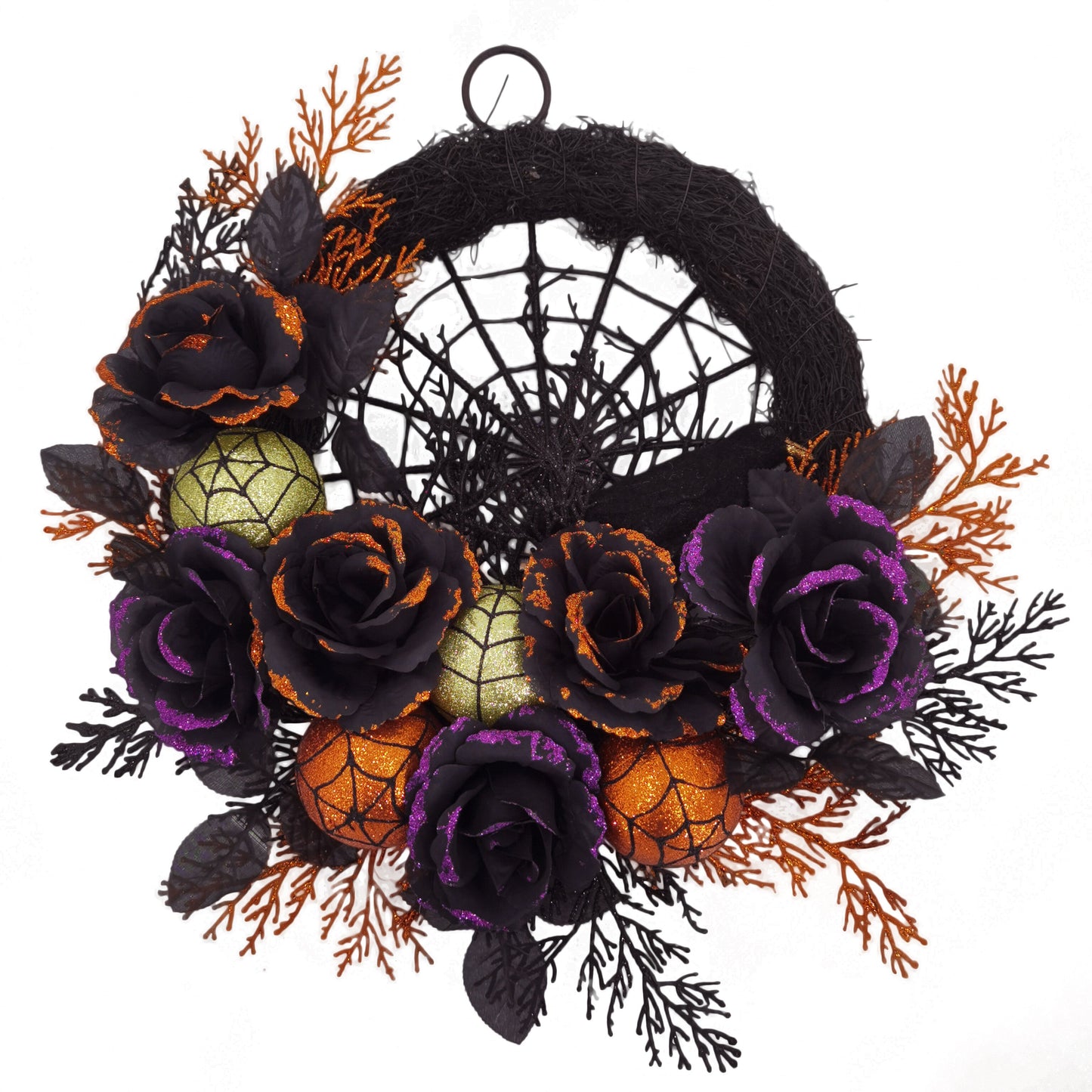 Halloween Gothic Floral Wreath - Black Roses & Spiderweb Front Door Decor with Glitter Accents 0