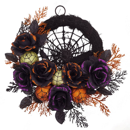 Halloween Gothic Floral Wreath - Black Roses & Spiderweb Front Door Decor with Glitter Accents 2