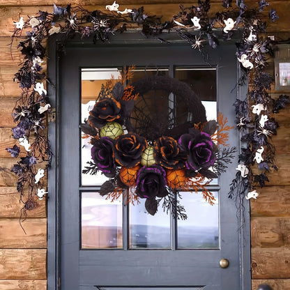 Halloween Gothic Floral Wreath - Black Roses & Spiderweb Front Door Decor with Glitter Accents 4