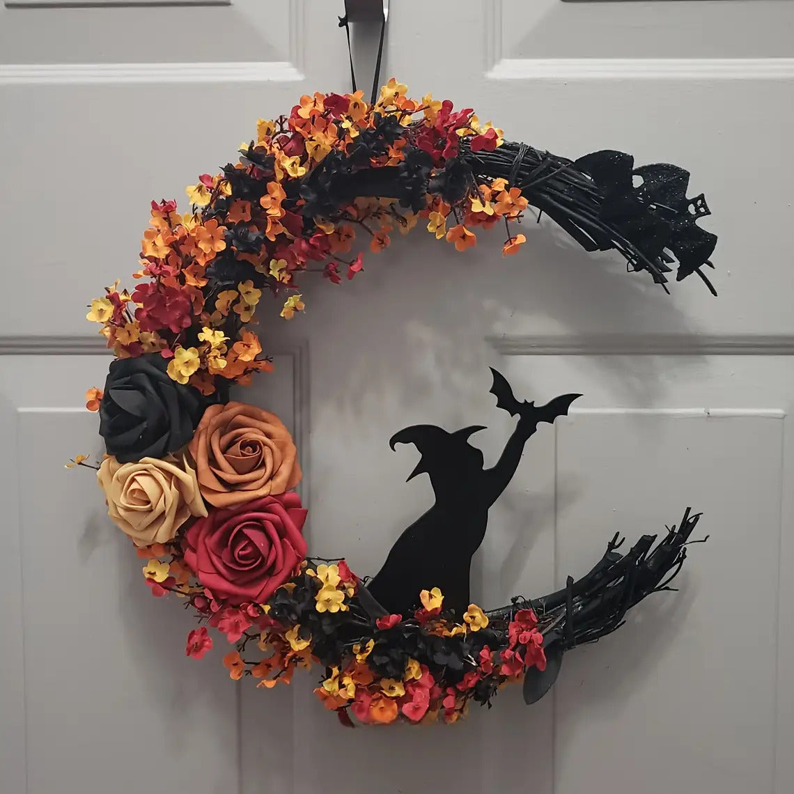 Halloween Rustic Witch Floral Wreath | Crescent Moon Door Decor 0