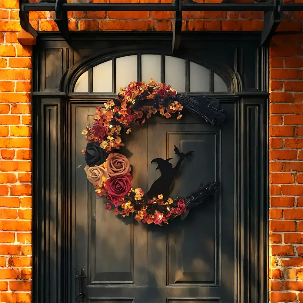 Halloween Rustic Witch Floral Wreath | Crescent Moon Door Decor 1