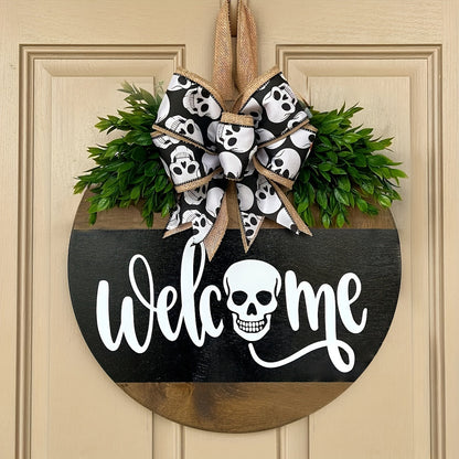 Halloween Spooky Skull Front Door Wreath | Rustic Welcome Sign 0