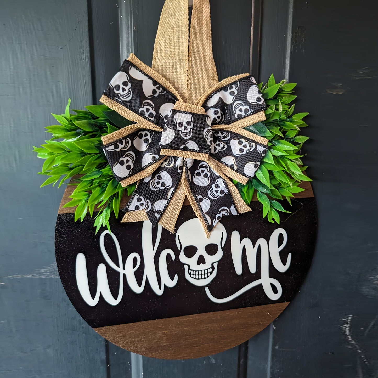 Halloween Spooky Skull Front Door Wreath | Rustic Welcome Sign 1