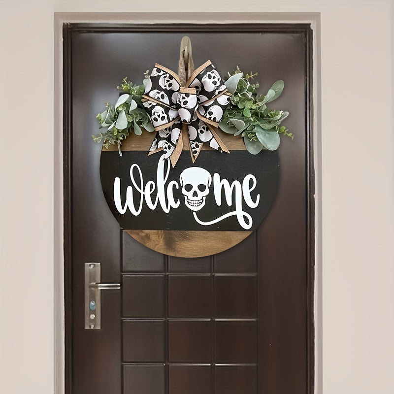 Halloween Spooky Skull Front Door Wreath | Rustic Welcome Sign 4